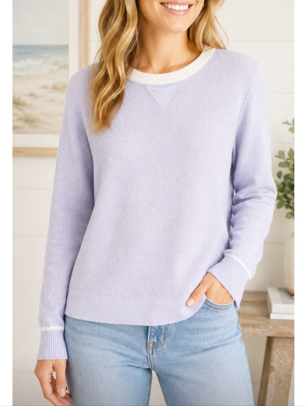 Kinross Cashmere Lavender Crewneck Sweater with Cream Trim